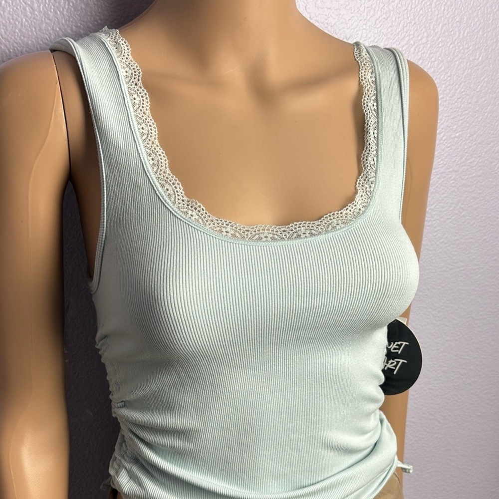 Sexy Planet Heart Youthful Lace Trim Mint Tank Top Tee ribbing and ruched sides